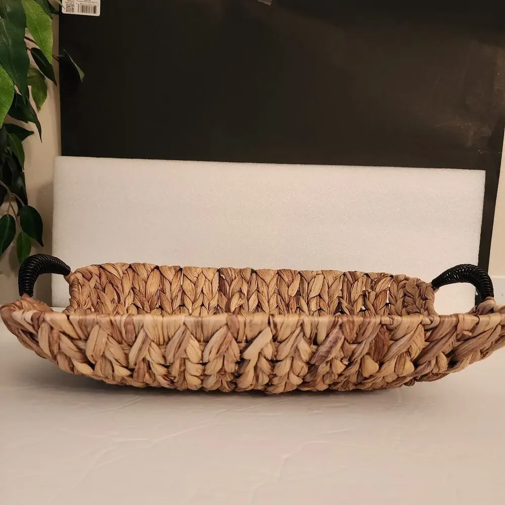 Hand Woven Water Hyacinth Serving Basket/ Rustic Black Coil Handles 17×11.5